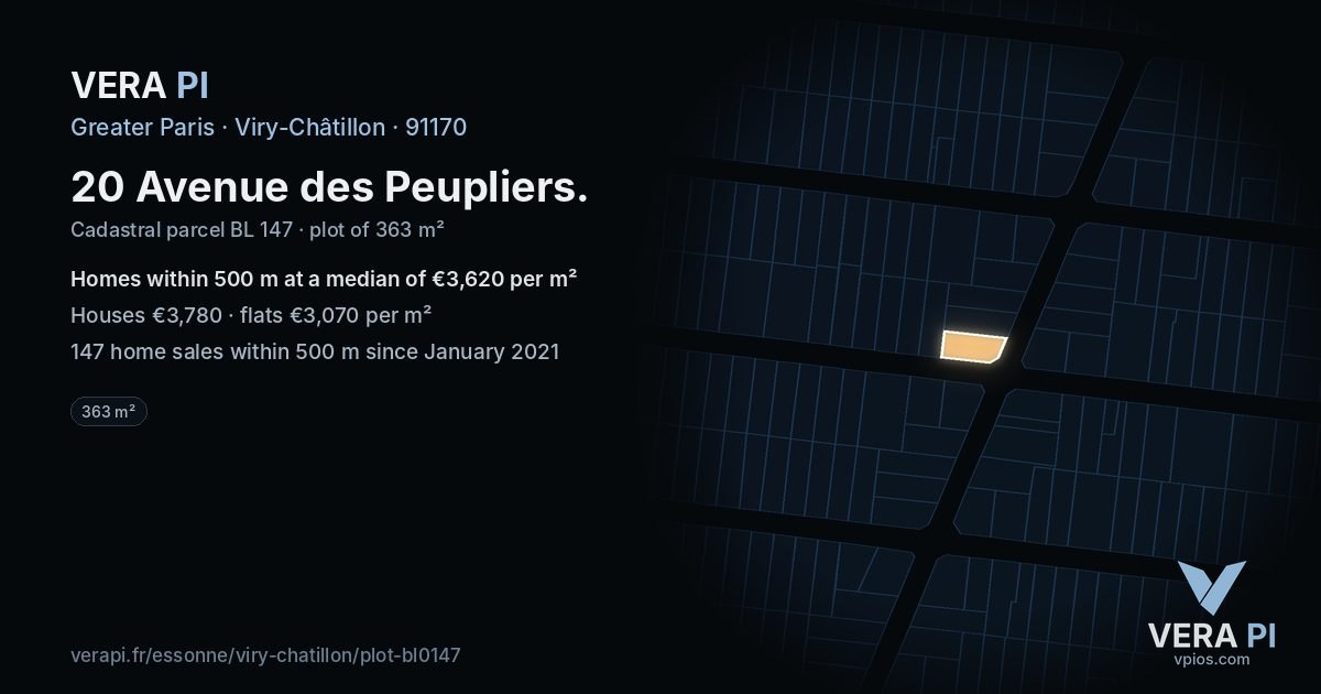 20 Avenue des Peupliers, Viry-Châtillon at night – the plot lit, the parcels around coloured by the prices near them
