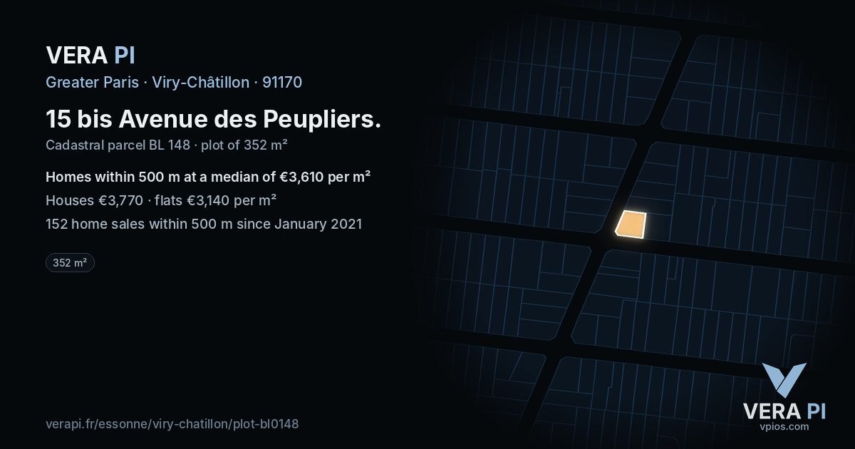 15 bis Avenue des Peupliers, Viry-Châtillon at night – the plot lit, the parcels around coloured by the prices near them