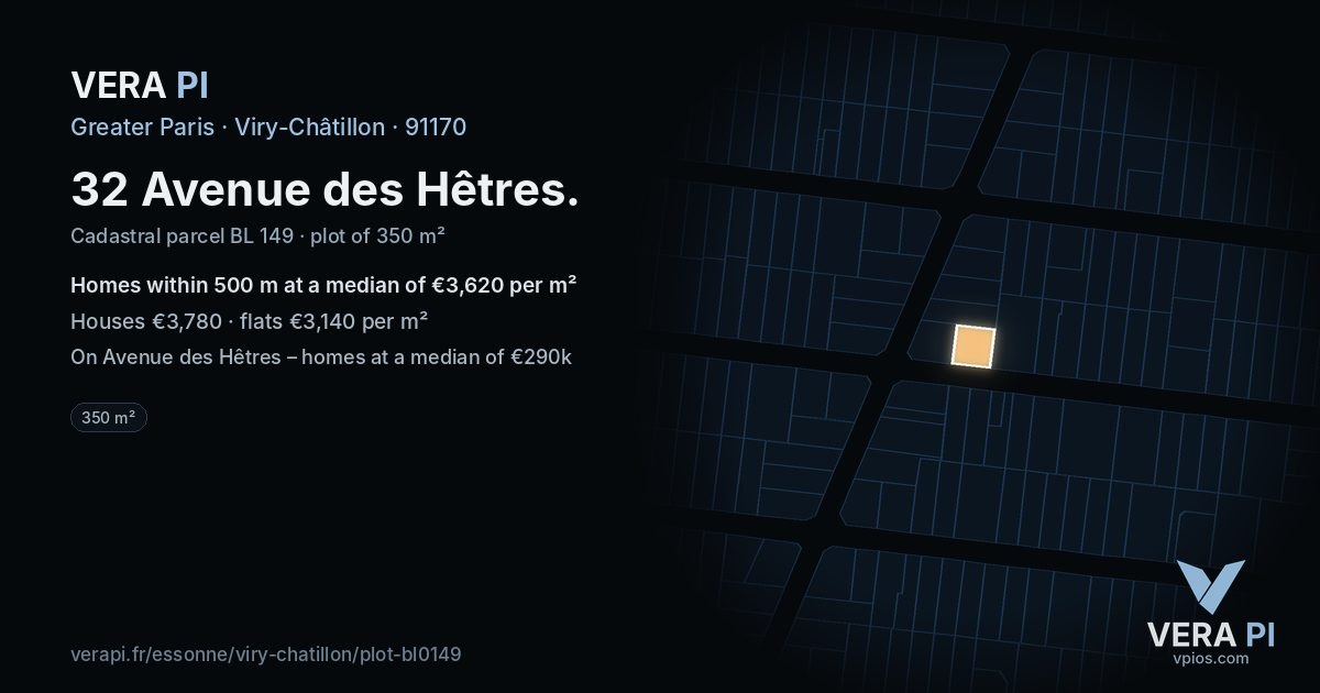 32 Avenue des Hêtres, Viry-Châtillon at night – the plot lit, the parcels around coloured by the prices near them