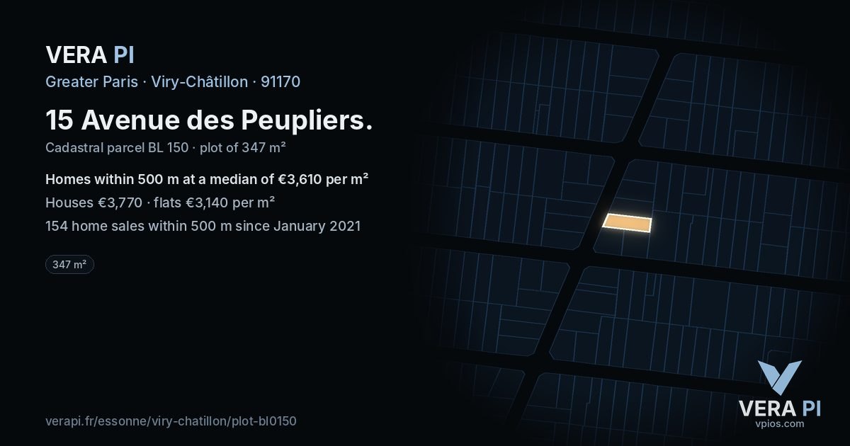 15 Avenue des Peupliers, Viry-Châtillon at night – the plot lit, the parcels around coloured by the prices near them