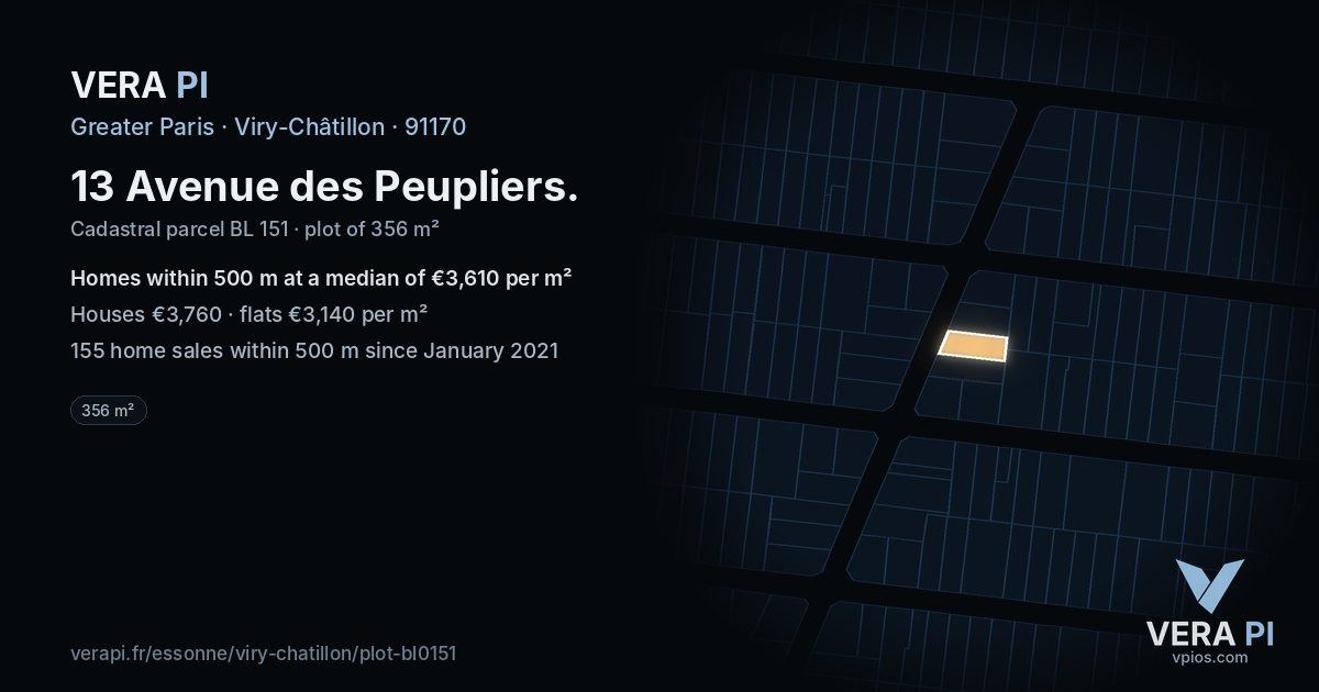 13 Avenue des Peupliers, Viry-Châtillon at night – the plot lit, the parcels around coloured by the prices near them