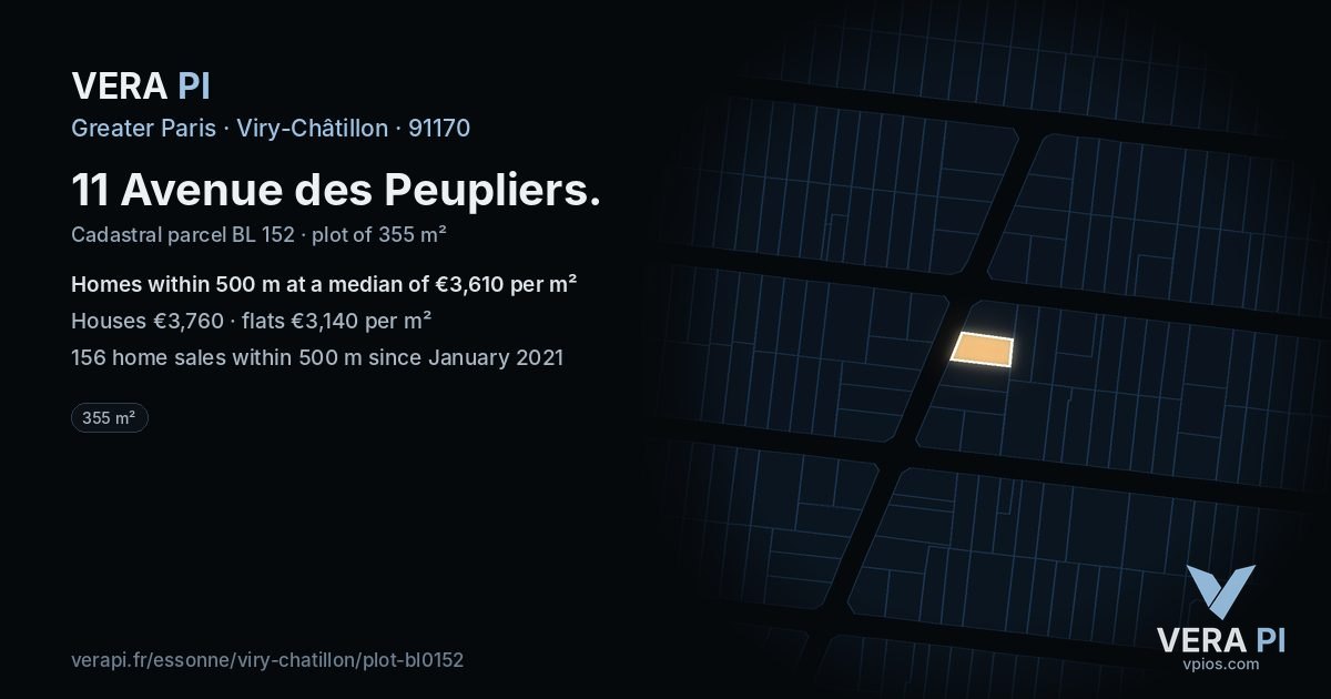11 Avenue des Peupliers, Viry-Châtillon at night – the plot lit, the parcels around coloured by the prices near them