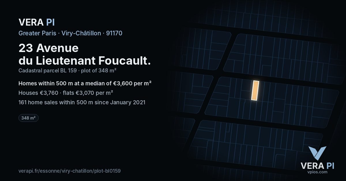 23 Avenue du Lieutenant Foucault, Viry-Châtillon at night – the plot lit, the parcels around coloured by the prices near them