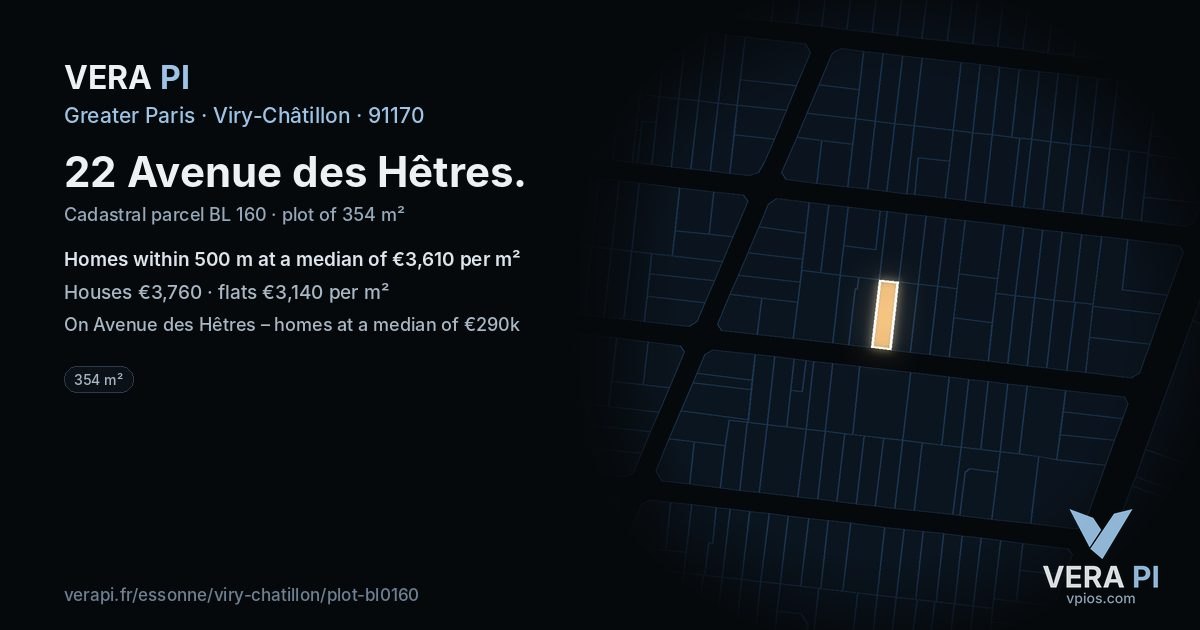 22 Avenue des Hêtres, Viry-Châtillon at night – the plot lit, the parcels around coloured by the prices near them