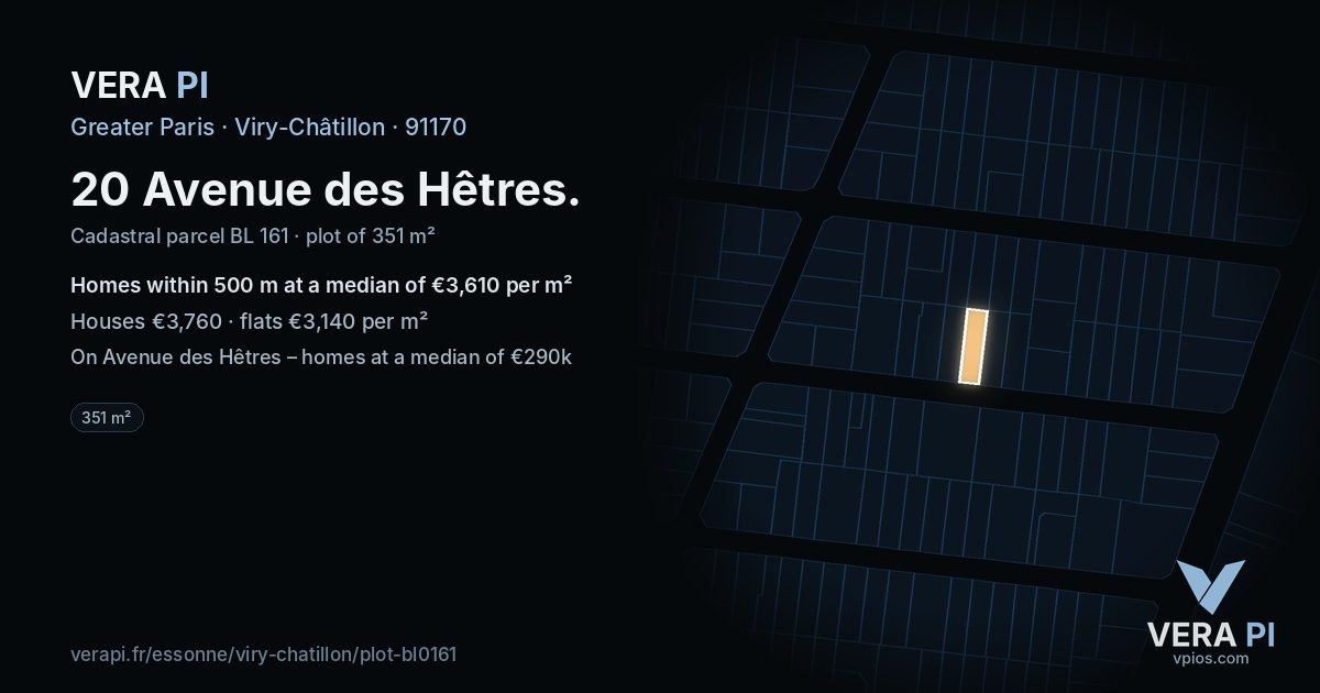 20 Avenue des Hêtres, Viry-Châtillon at night – the plot lit, the parcels around coloured by the prices near them