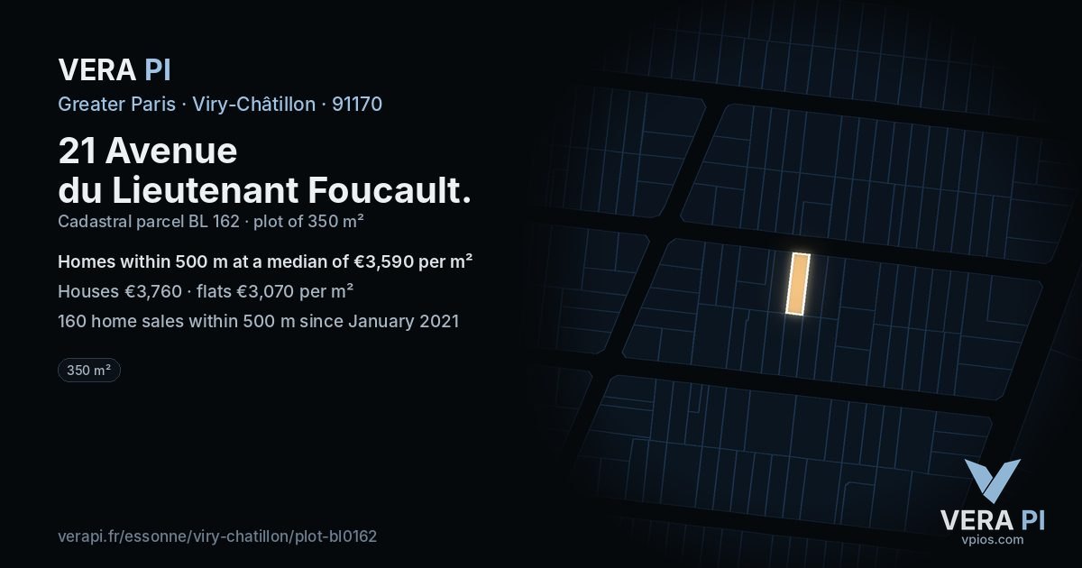 21 Avenue du Lieutenant Foucault, Viry-Châtillon at night – the plot lit, the parcels around coloured by the prices near them