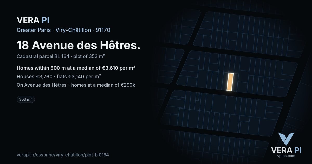 18 Avenue des Hêtres, Viry-Châtillon at night – the plot lit, the parcels around coloured by the prices near them