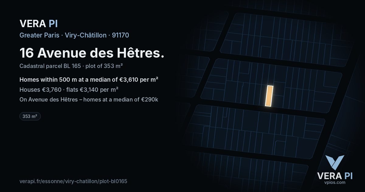 16 Avenue des Hêtres, Viry-Châtillon at night – the plot lit, the parcels around coloured by the prices near them