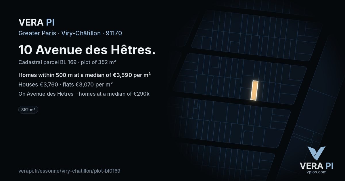 10 Avenue des Hêtres, Viry-Châtillon at night – the plot lit, the parcels around coloured by the prices near them