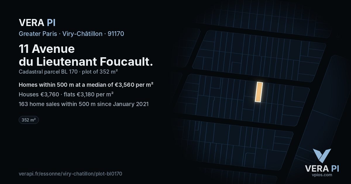 11 Avenue du Lieutenant Foucault, Viry-Châtillon at night – the plot lit, the parcels around coloured by the prices near them