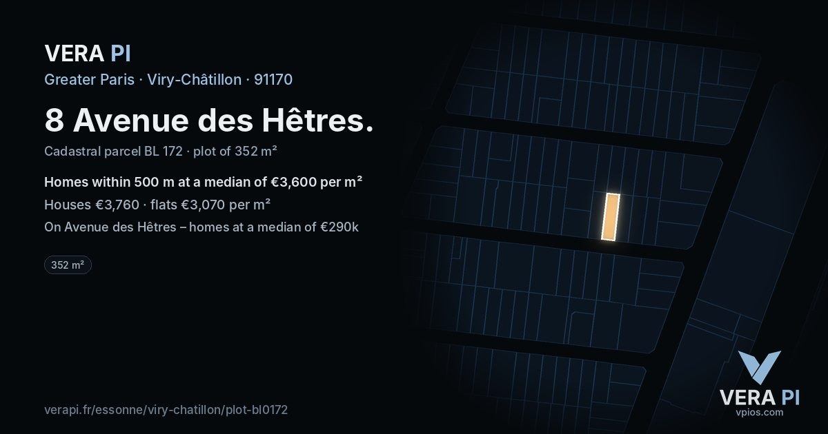 8 Avenue des Hêtres, Viry-Châtillon at night – the plot lit, the parcels around coloured by the prices near them