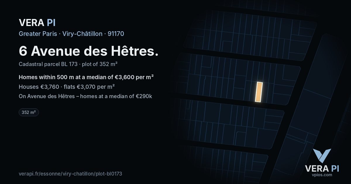 6 Avenue des Hêtres, Viry-Châtillon at night – the plot lit, the parcels around coloured by the prices near them