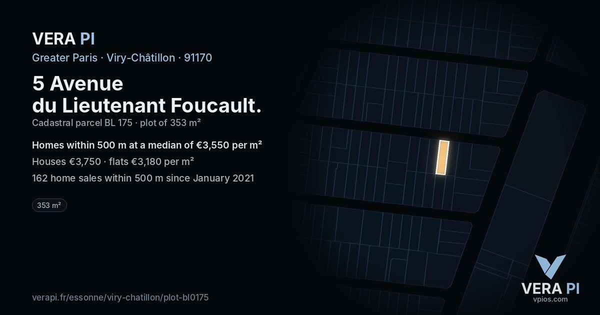 5 Avenue du Lieutenant Foucault, Viry-Châtillon at night – the plot lit, the parcels around coloured by the prices near them