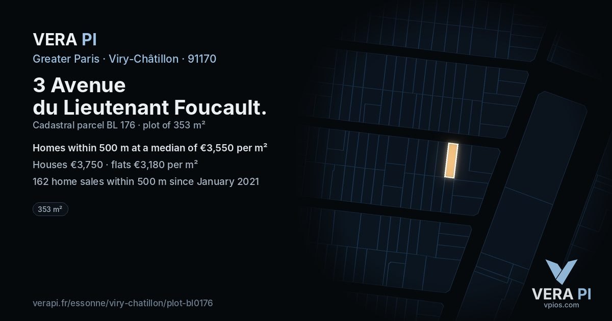 3 Avenue du Lieutenant Foucault, Viry-Châtillon at night – the plot lit, the parcels around coloured by the prices near them