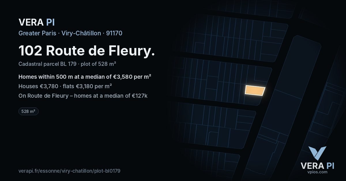102 Route de Fleury, Viry-Châtillon at night – the plot lit, the parcels around coloured by the prices near them