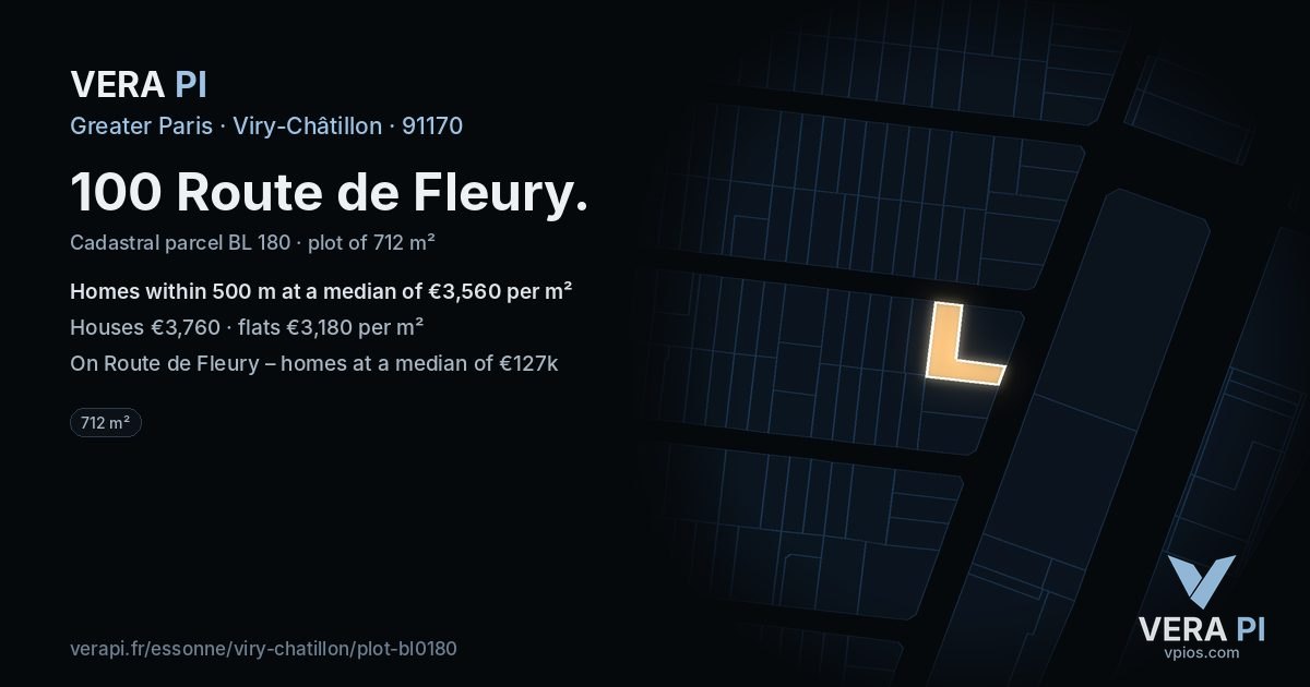 100 Route de Fleury, Viry-Châtillon at night – the plot lit, the parcels around coloured by the prices near them