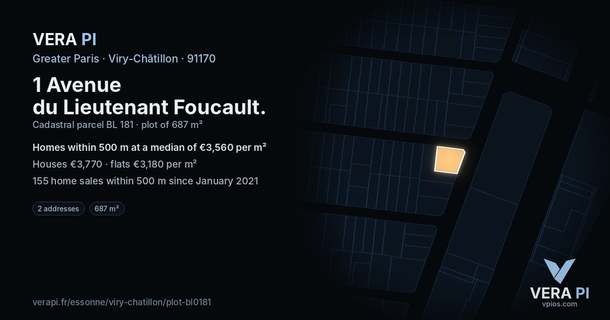1 Avenue du Lieutenant Foucault, Viry-Châtillon at night – the plot lit, the parcels around coloured by the prices near them