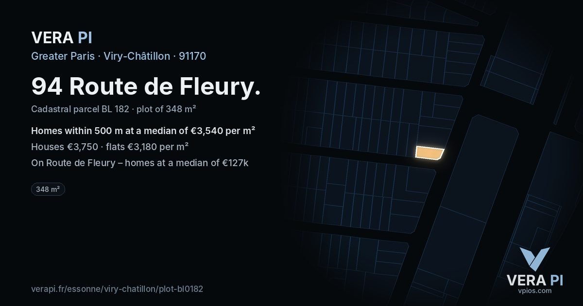 94 Route de Fleury, Viry-Châtillon at night – the plot lit, the parcels around coloured by the prices near them