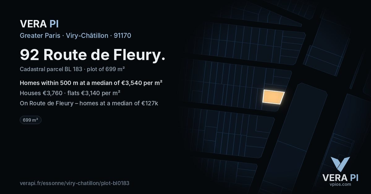 92 Route de Fleury, Viry-Châtillon at night – the plot lit, the parcels around coloured by the prices near them