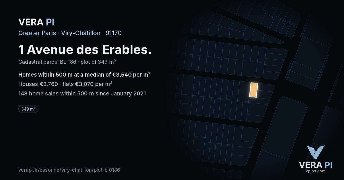 1 Avenue des Erables, Viry-Châtillon at night – the plot lit, the parcels around coloured by the prices near them