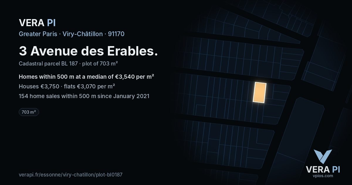 3 Avenue des Erables, Viry-Châtillon at night – the plot lit, the parcels around coloured by the prices near them