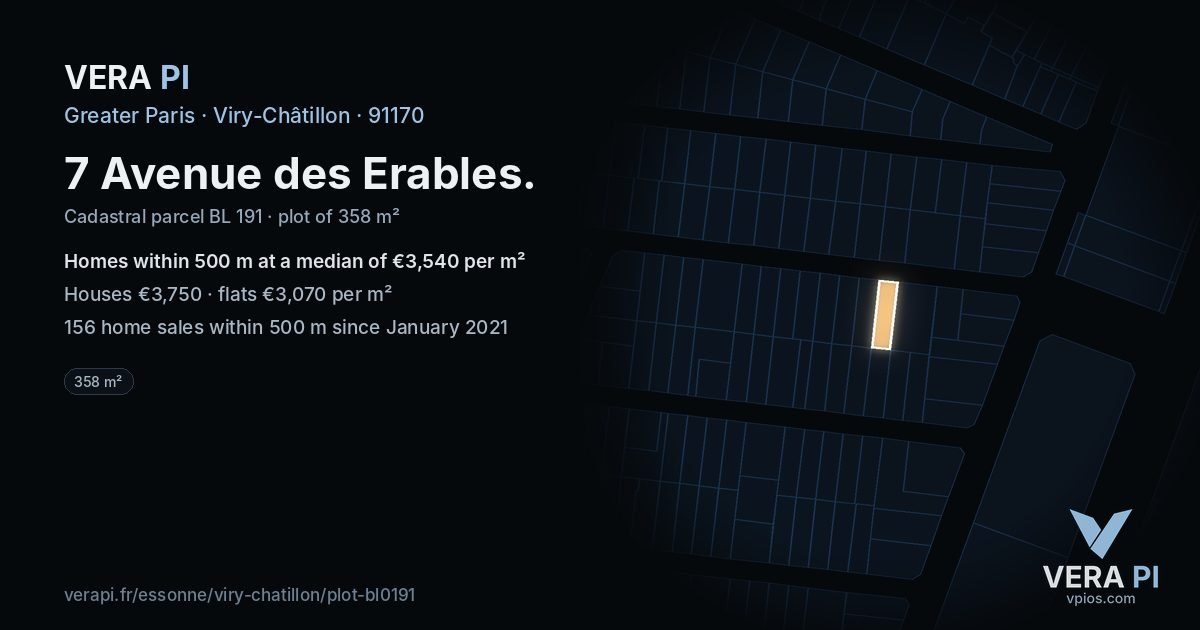 7 Avenue des Erables, Viry-Châtillon at night – the plot lit, the parcels around coloured by the prices near them