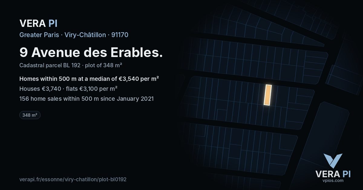 9 Avenue des Erables, Viry-Châtillon at night – the plot lit, the parcels around coloured by the prices near them