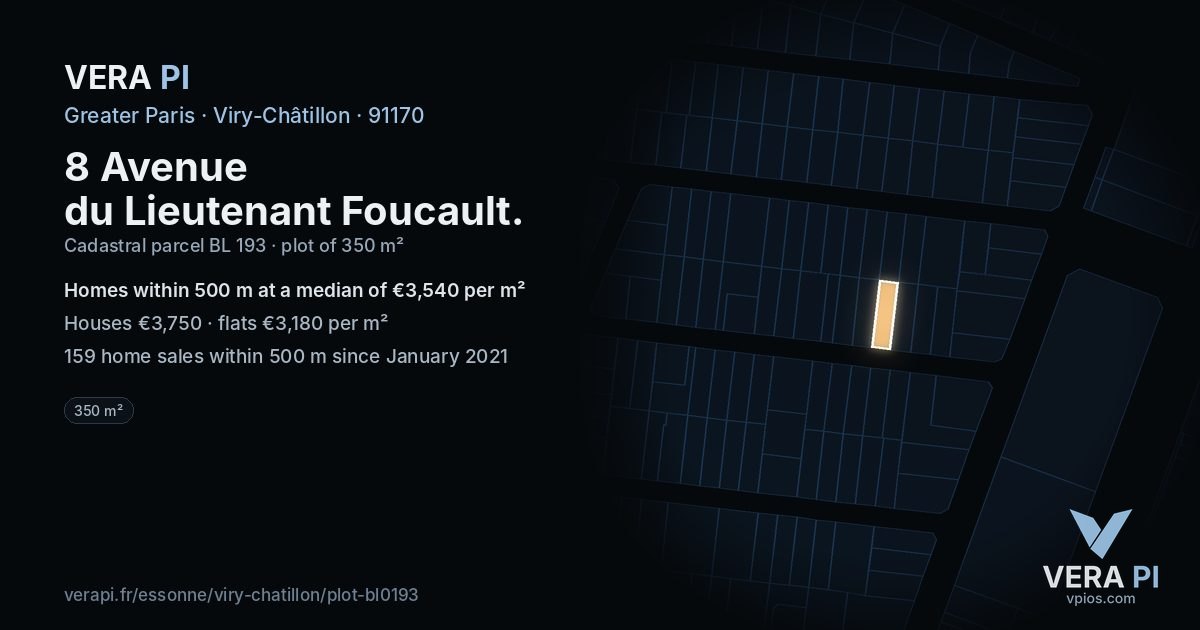 8 Avenue du Lieutenant Foucault, Viry-Châtillon at night – the plot lit, the parcels around coloured by the prices near them