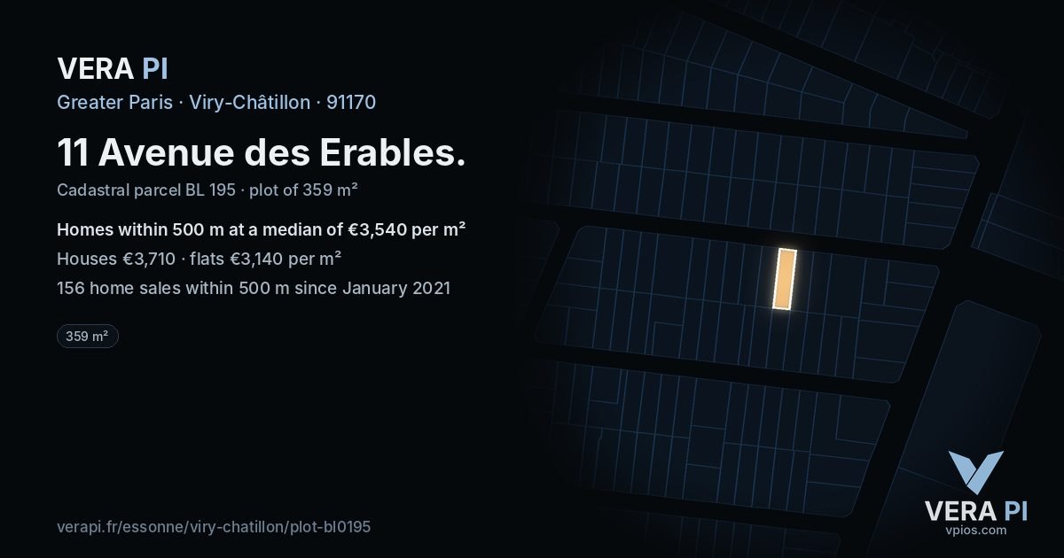 11 Avenue des Erables, Viry-Châtillon at night – the plot lit, the parcels around coloured by the prices near them