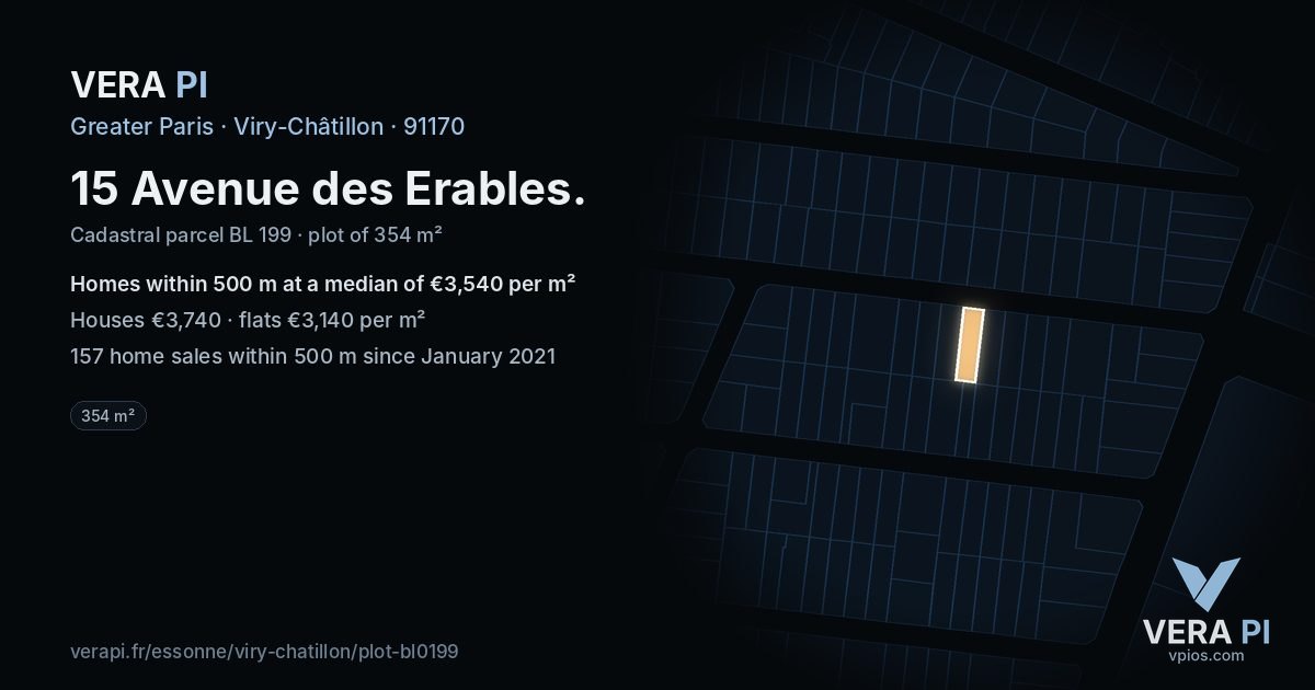 15 Avenue des Erables, Viry-Châtillon at night – the plot lit, the parcels around coloured by the prices near them