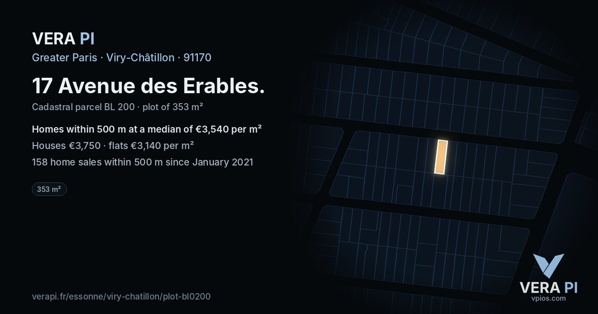 17 Avenue des Erables, Viry-Châtillon at night – the plot lit, the parcels around coloured by the prices near them