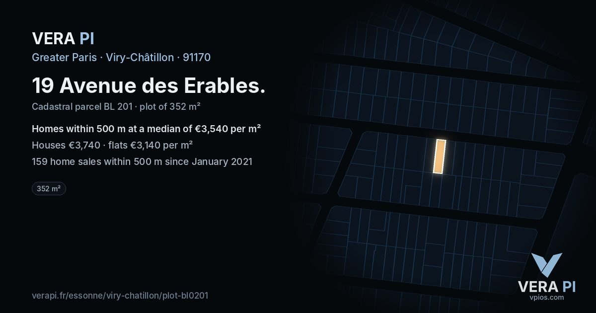 19 Avenue des Erables, Viry-Châtillon at night – the plot lit, the parcels around coloured by the prices near them