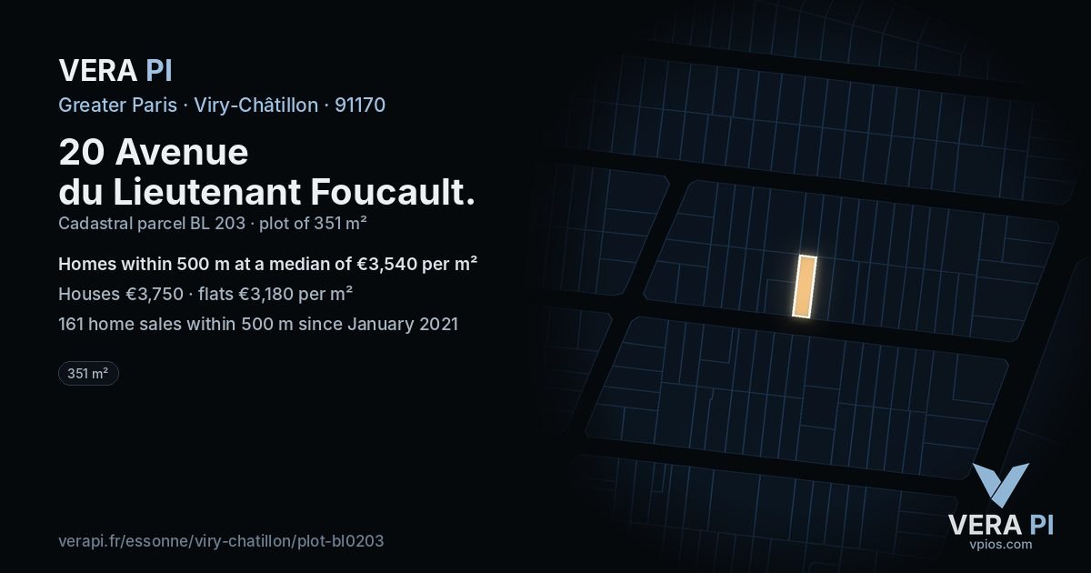 20 Avenue du Lieutenant Foucault, Viry-Châtillon at night – the plot lit, the parcels around coloured by the prices near them