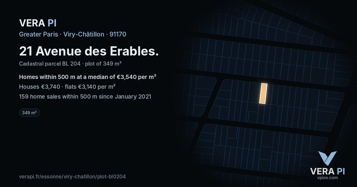 21 Avenue des Erables, Viry-Châtillon at night – the plot lit, the parcels around coloured by the prices near them