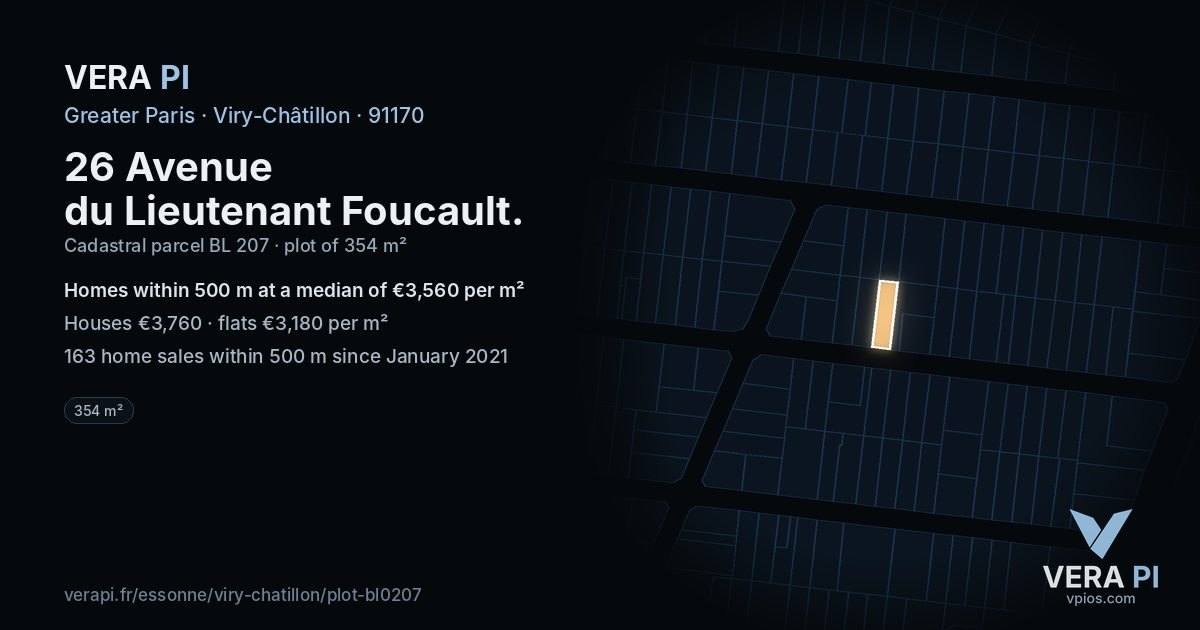26 Avenue du Lieutenant Foucault, Viry-Châtillon at night – the plot lit, the parcels around coloured by the prices near them