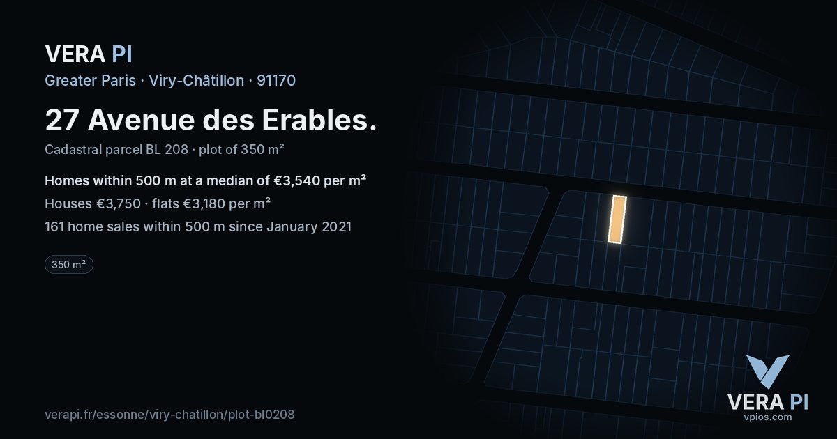 27 Avenue des Erables, Viry-Châtillon at night – the plot lit, the parcels around coloured by the prices near them