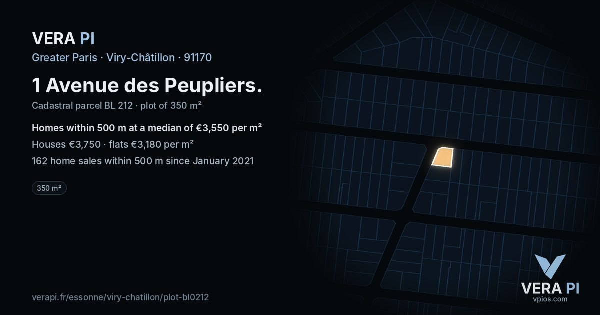 1 Avenue des Peupliers, Viry-Châtillon at night – the plot lit, the parcels around coloured by the prices near them