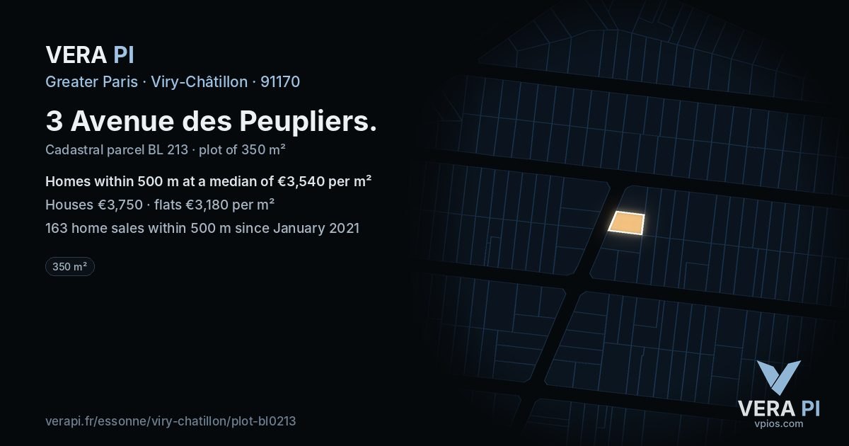 3 Avenue des Peupliers, Viry-Châtillon at night – the plot lit, the parcels around coloured by the prices near them