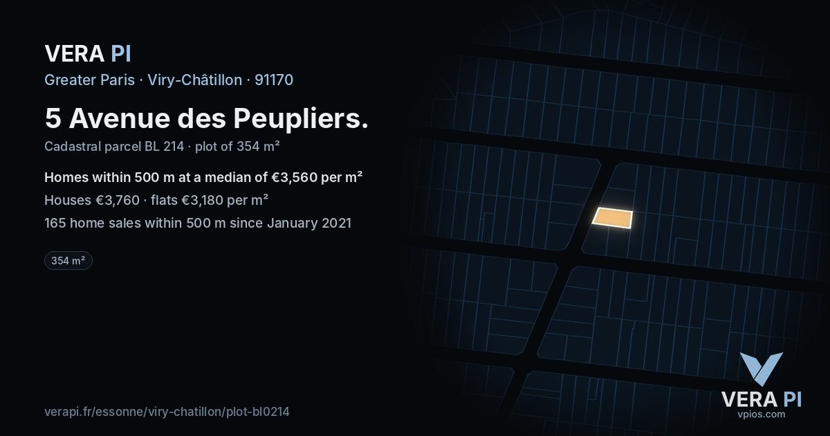 5 Avenue des Peupliers, Viry-Châtillon at night – the plot lit, the parcels around coloured by the prices near them