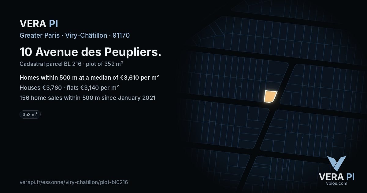 10 Avenue des Peupliers, Viry-Châtillon at night – the plot lit, the parcels around coloured by the prices near them
