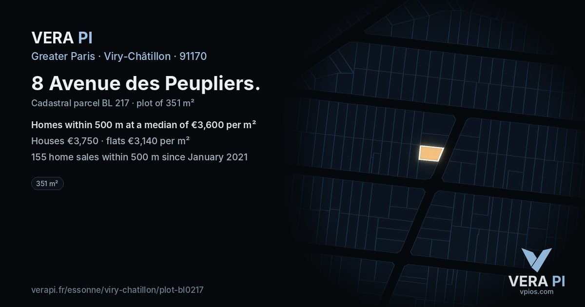 8 Avenue des Peupliers, Viry-Châtillon at night – the plot lit, the parcels around coloured by the prices near them