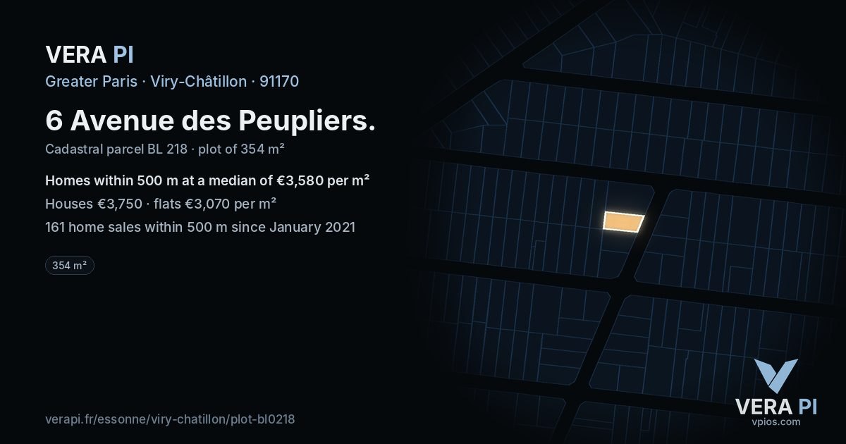 6 Avenue des Peupliers, Viry-Châtillon at night – the plot lit, the parcels around coloured by the prices near them
