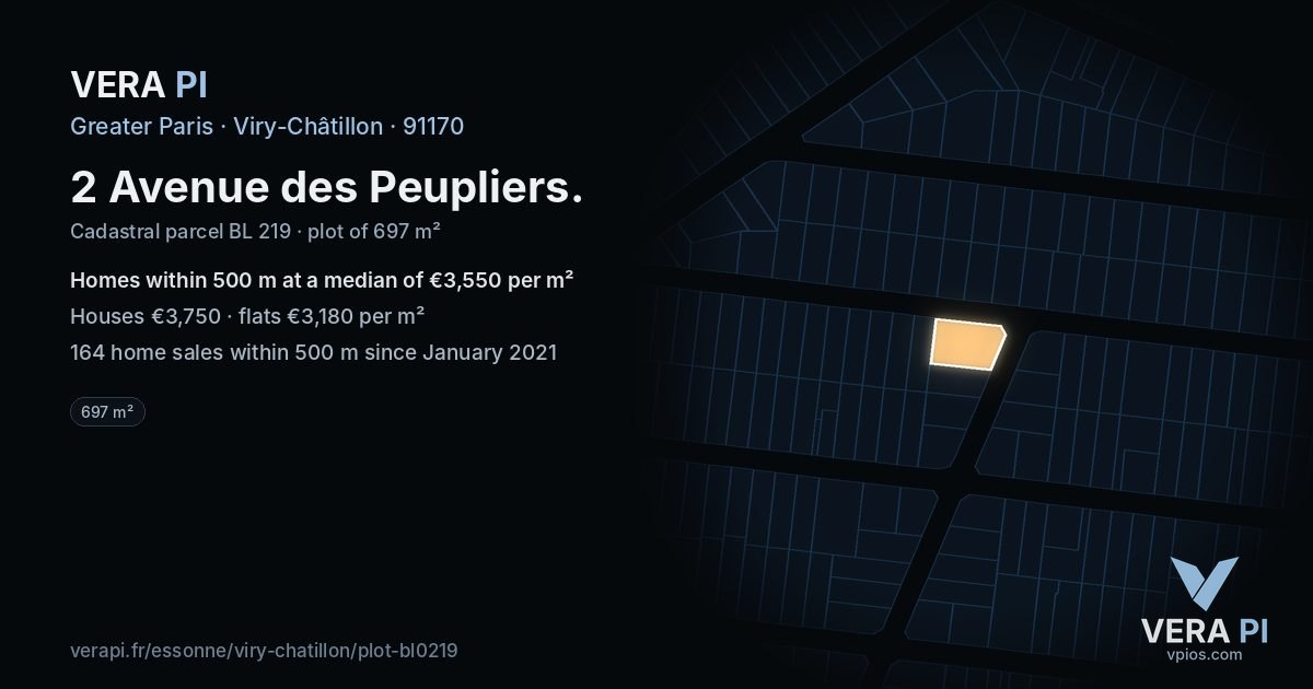 2 Avenue des Peupliers, Viry-Châtillon at night – the plot lit, the parcels around coloured by the prices near them