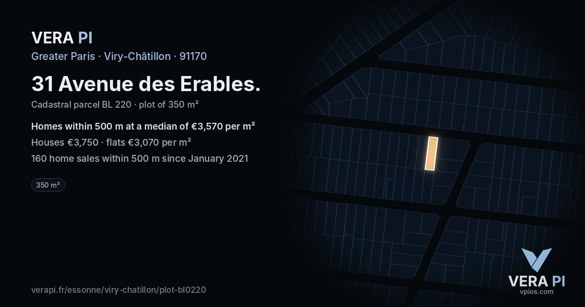 31 Avenue des Erables, Viry-Châtillon at night – the plot lit, the parcels around coloured by the prices near them
