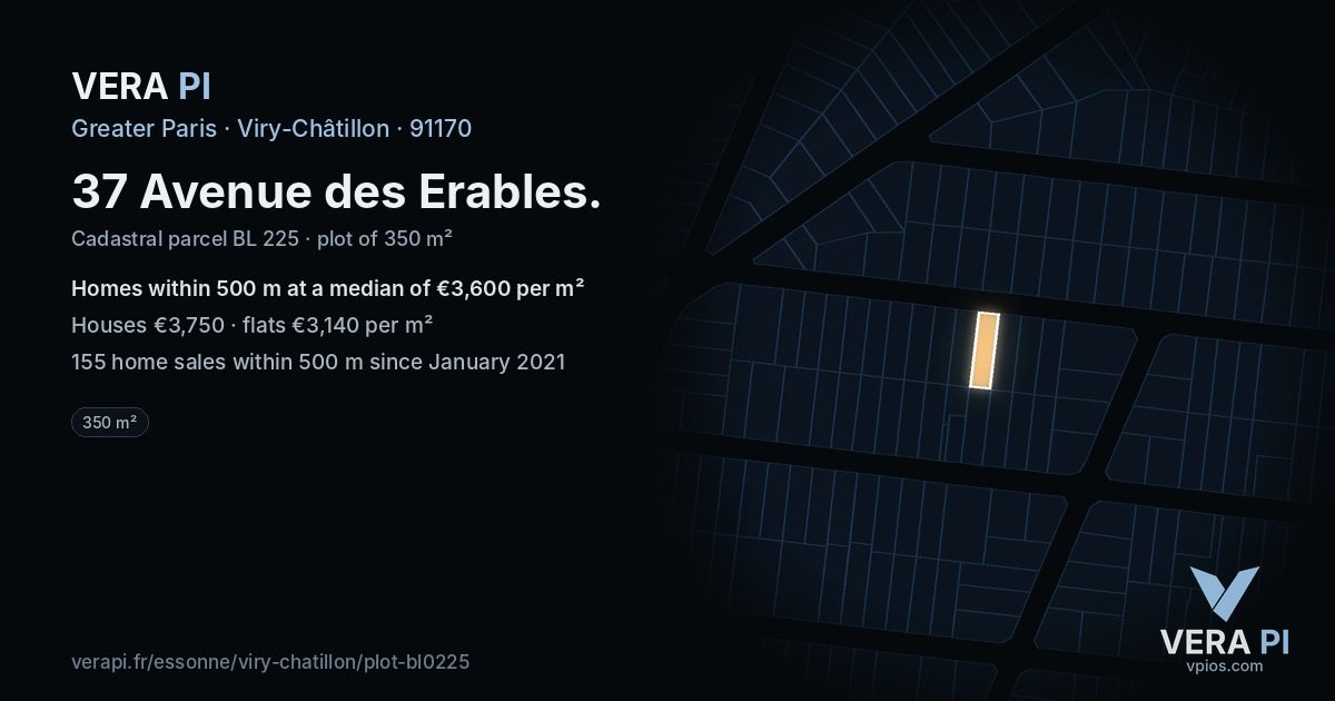 37 Avenue des Erables, Viry-Châtillon at night – the plot lit, the parcels around coloured by the prices near them