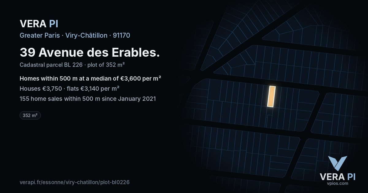 39 Avenue des Erables, Viry-Châtillon at night – the plot lit, the parcels around coloured by the prices near them