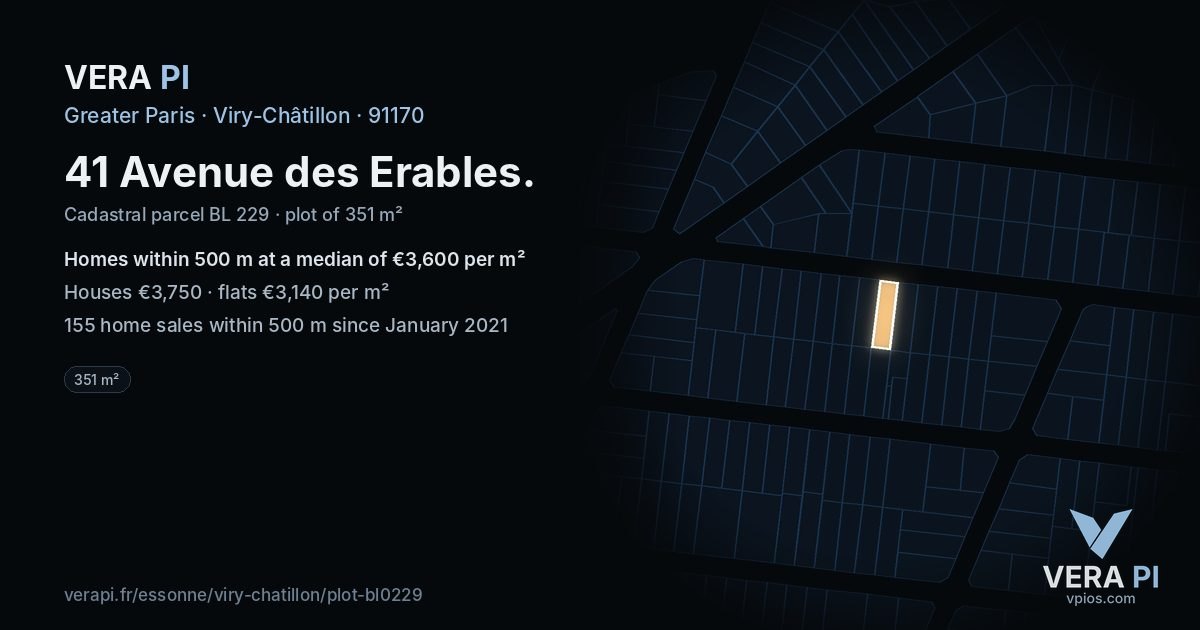 41 Avenue des Erables, Viry-Châtillon at night – the plot lit, the parcels around coloured by the prices near them