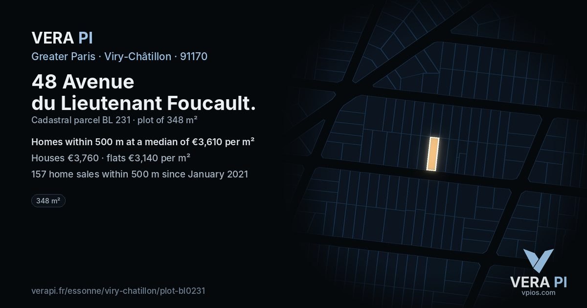 48 Avenue du Lieutenant Foucault, Viry-Châtillon at night – the plot lit, the parcels around coloured by the prices near them