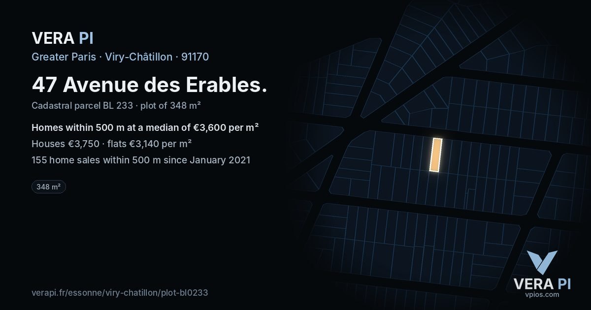 47 Avenue des Erables, Viry-Châtillon at night – the plot lit, the parcels around coloured by the prices near them