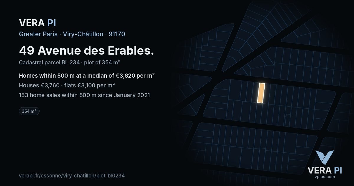 49 Avenue des Erables, Viry-Châtillon at night – the plot lit, the parcels around coloured by the prices near them